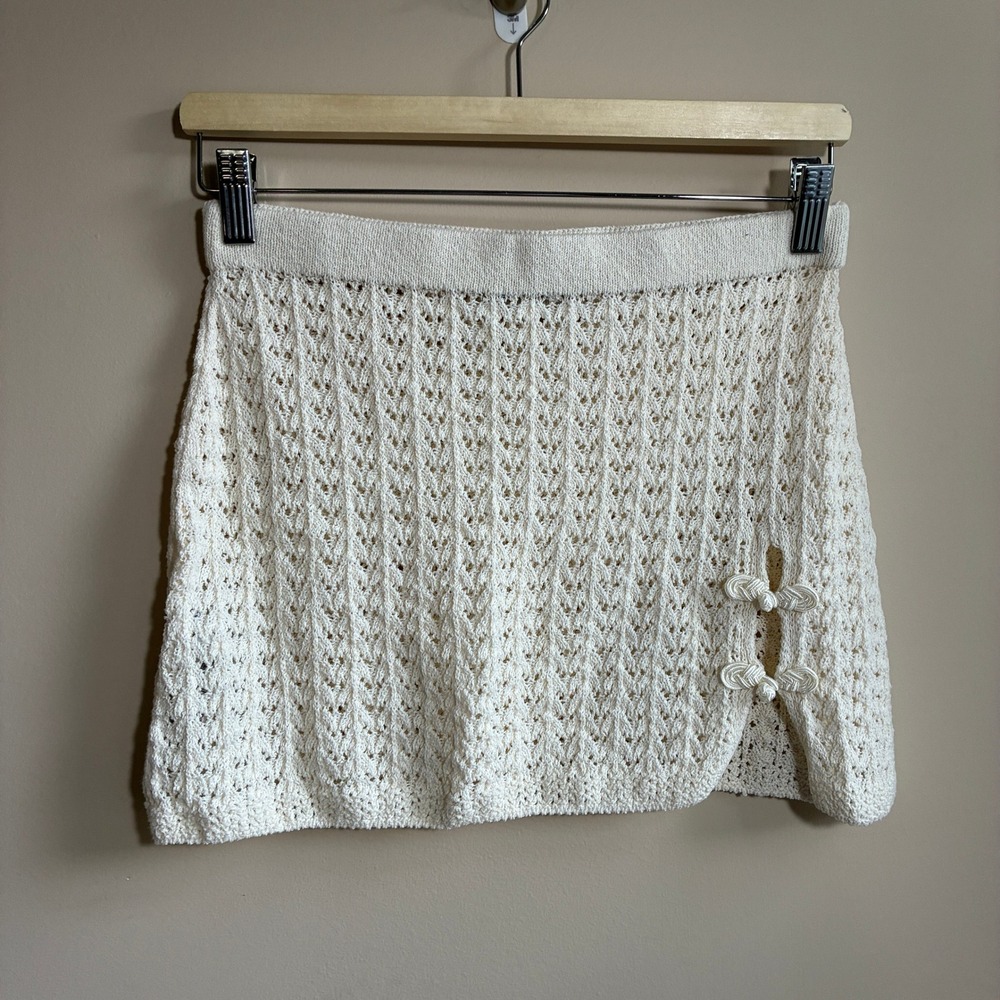 Mango Crochet Knit Mini Skirt S Cream Womens Frog Knot Detail
